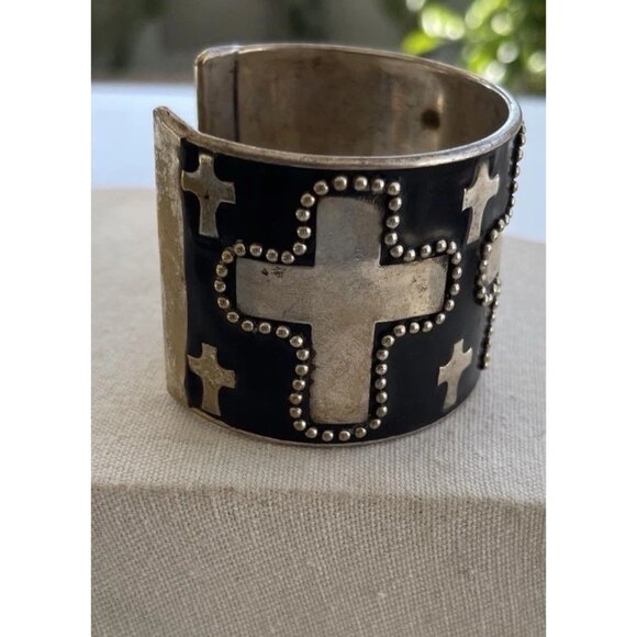 Vintage Silver Cuff Bracelet Cross Religious Handmade Sz 7-7.5” Bohemian Western - Picture 5 of 11